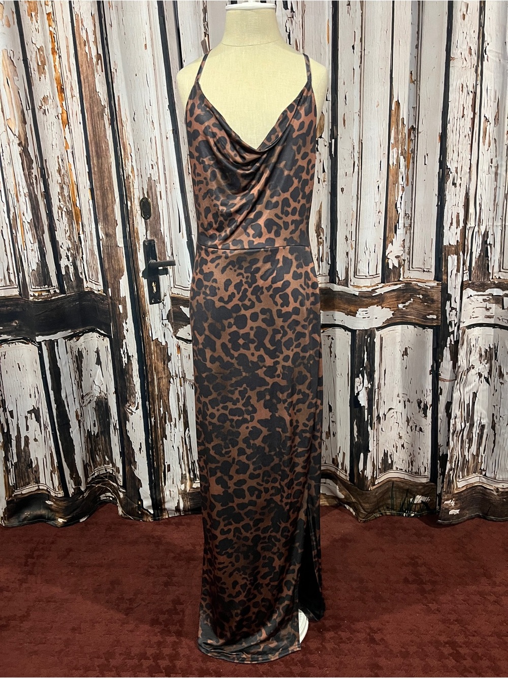 PrettyLittleThing Brown and Black Leopard Satin Cowl Neck Slip Dress